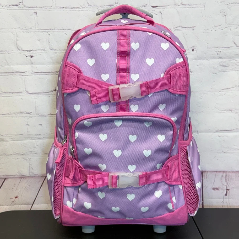 Purple Pink Heart Print Rolling Backpack Girls School Travel Bag with Wheels
